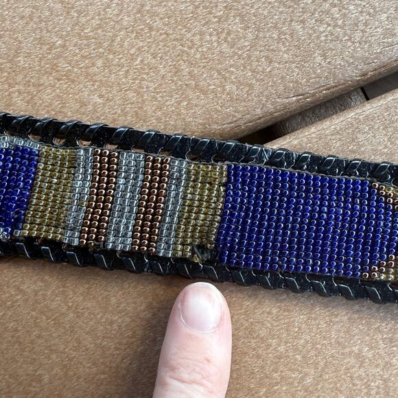 Vintage Black and Blue Beaded Leather Belt Small
